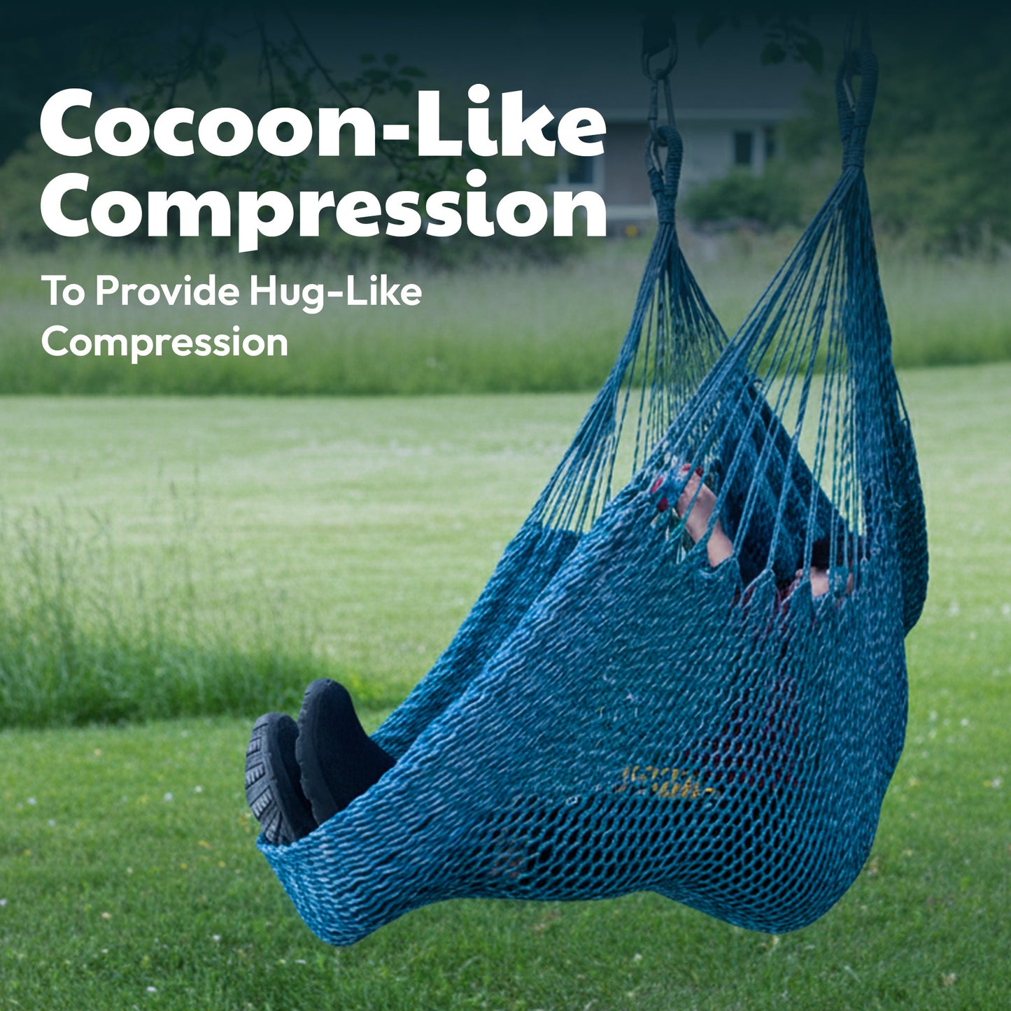 Blue mesh hammock swing with cocoon-style seat and hanging loops