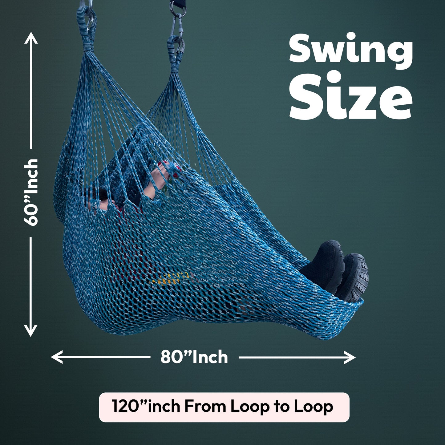Blue mesh sensory swing with hanging ropes and visible size dimensions