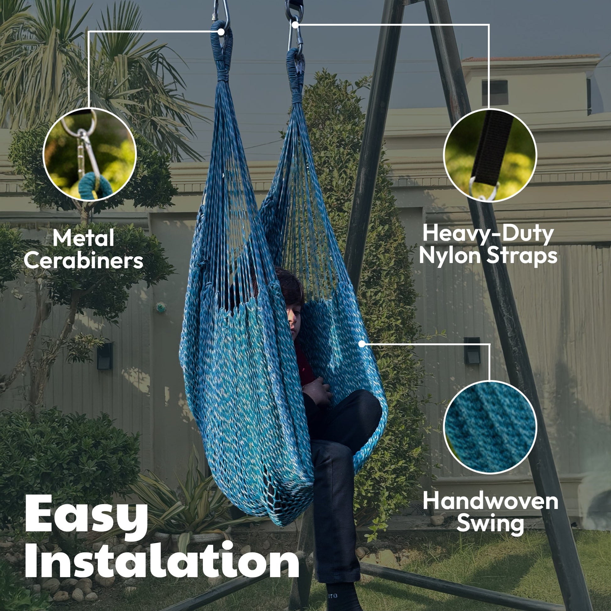 Blue mesh hammock swing with two carabiners and nylon strap loops