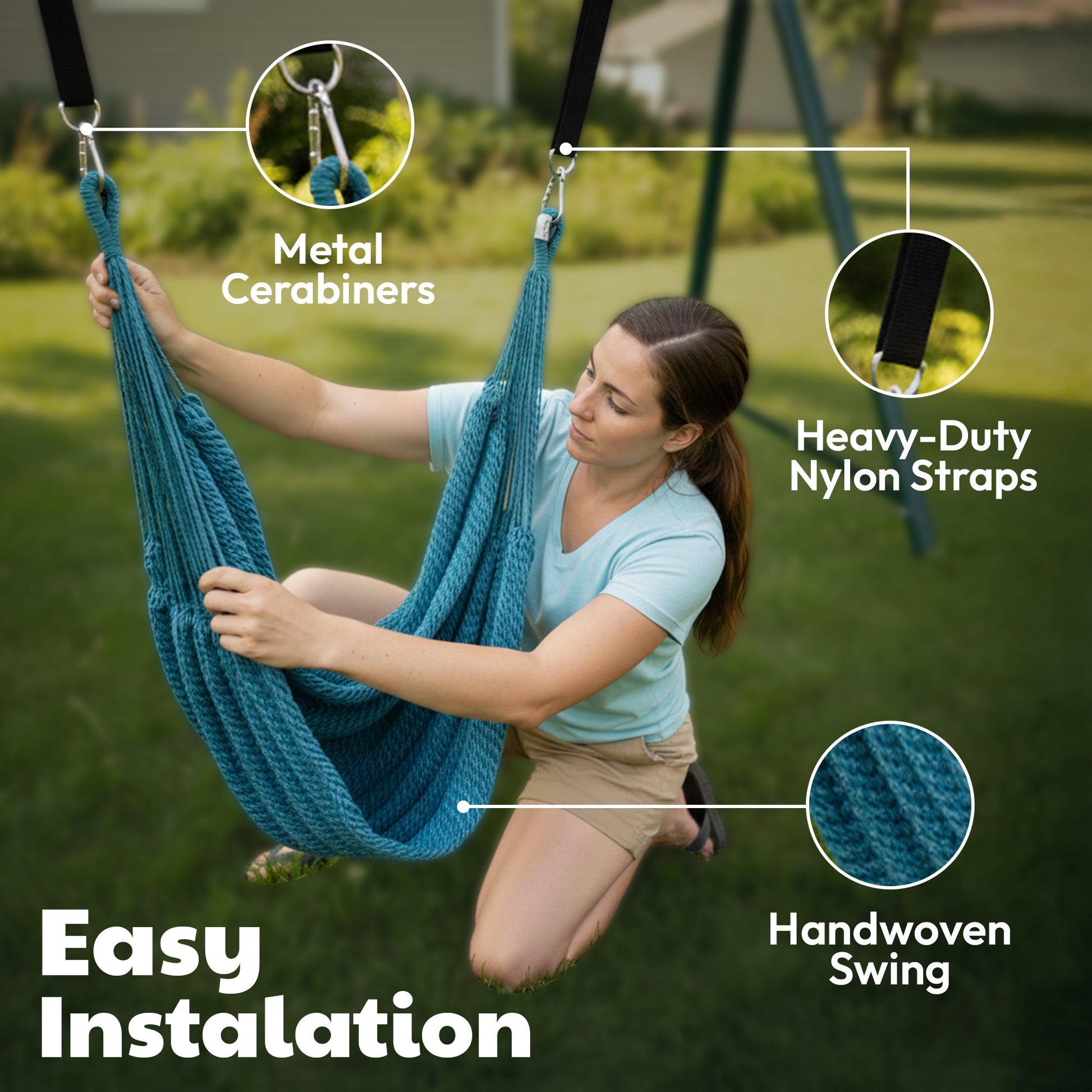 Blue mesh hammock swing with hanging strap hardware and woven seat