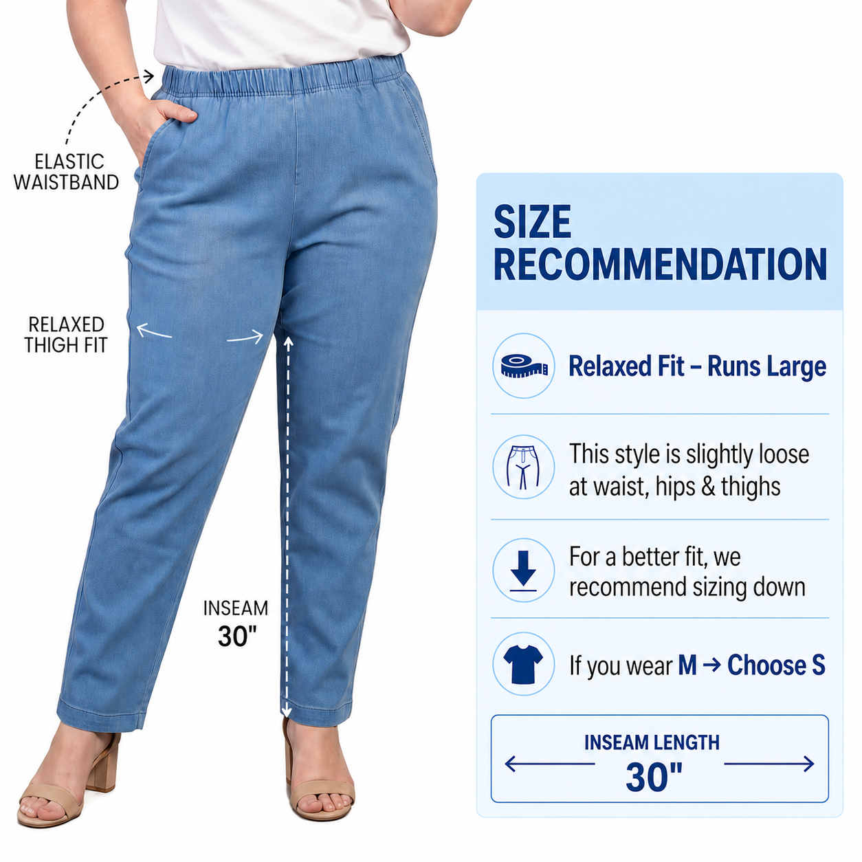 Blue pants with size recommendation details on a white background