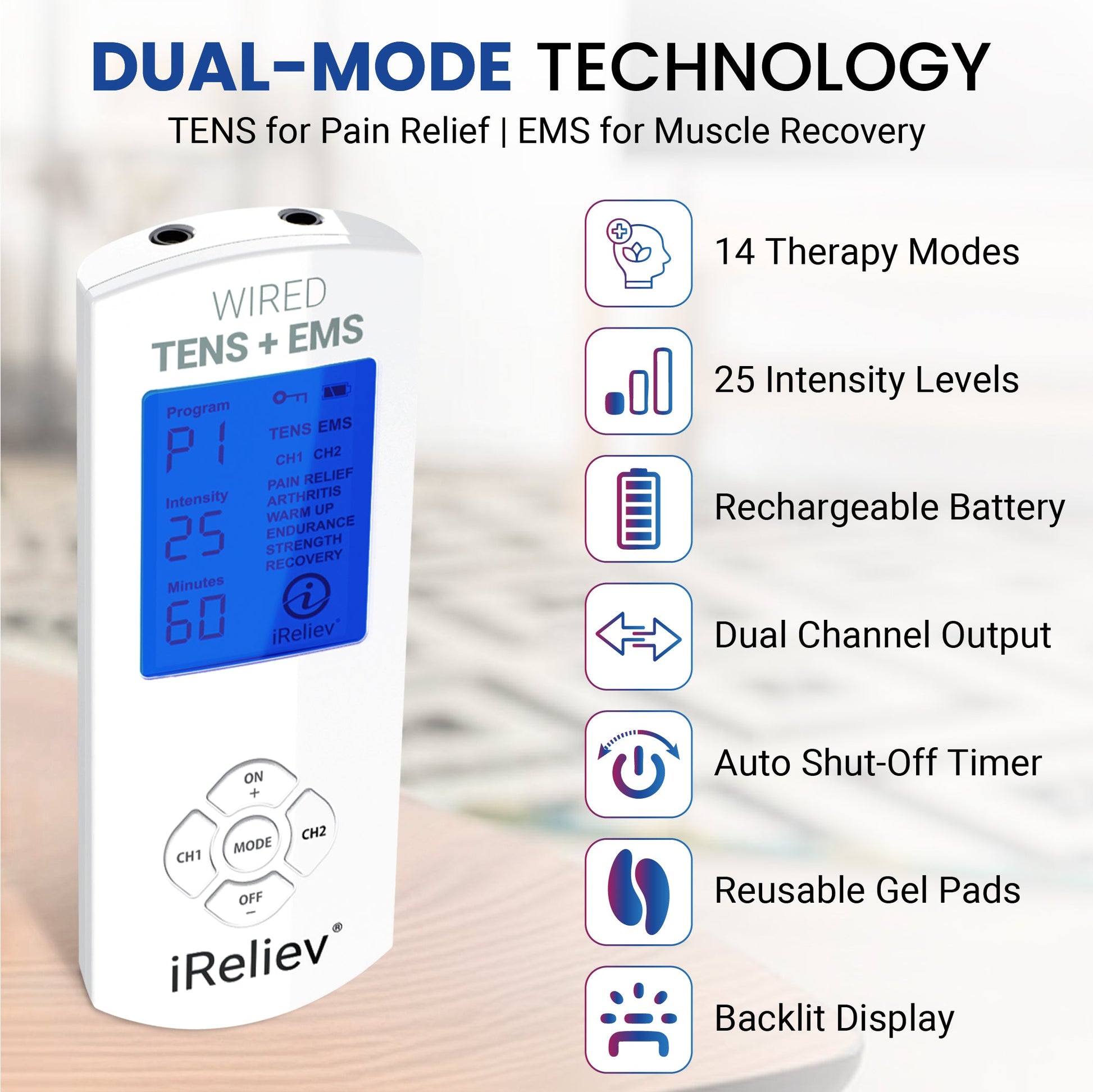 iReliev wired TENS+EMS unit with backlit display and control buttons