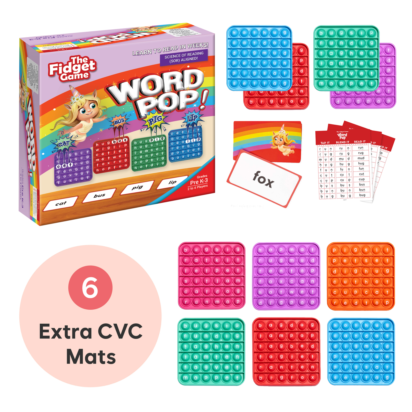 Word pop kit with game box, CVC word cards, and multiple colorful popit mats