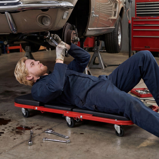 2-in-1 Z-Shaped Rolling Garage Stool 36" Folding Flat Automotive Creeper-Red