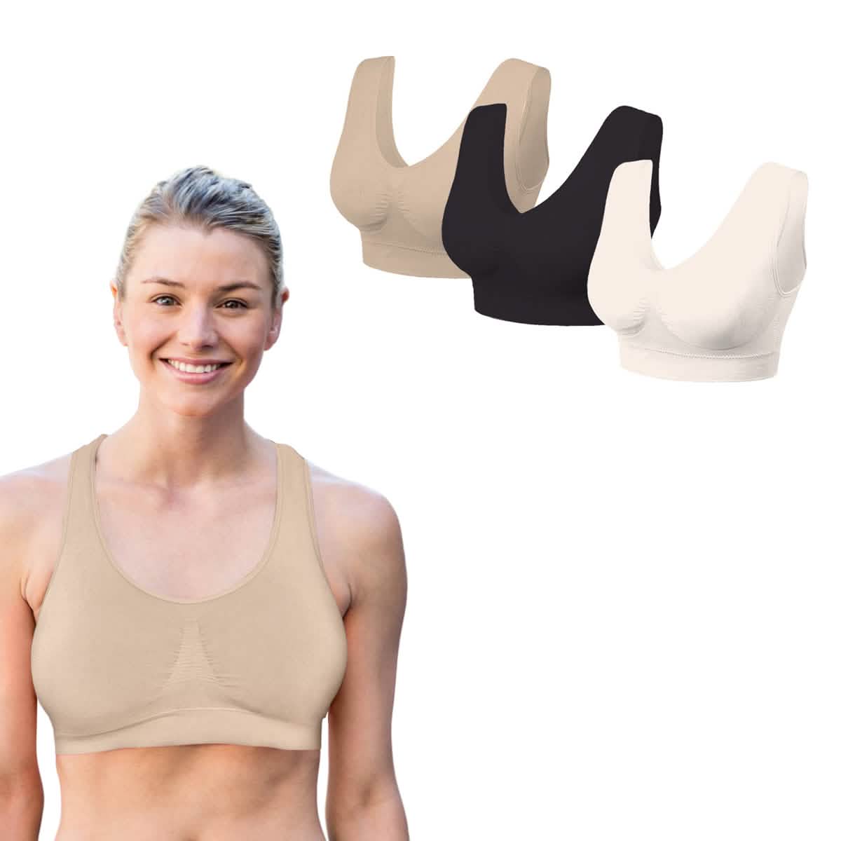 Lightweight seamless comfort bra on model in beige, with black and white bras
