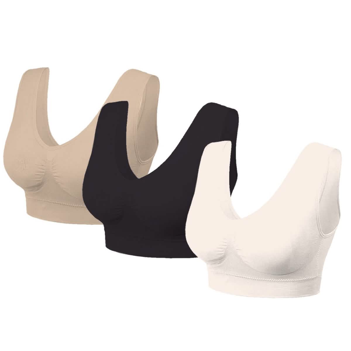 Lightweight seamless bras in beige, black, and white, shown front view