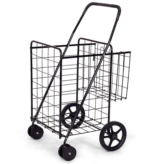 Black folding shopping cart with dual wire baskets, swivel wheels, and carry handle