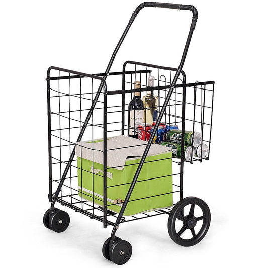 Black folding shopping cart with dual baskets holding groceries, with swivel front wheels