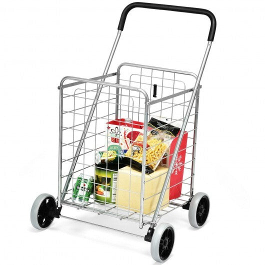 Silver portable folding shopping cart with wire basket and black wheels