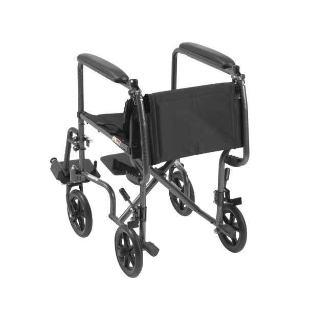 Black wheelchair side view with full arms, backrest, seat cushion, and 8-inch wheels