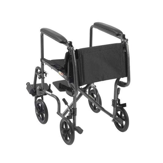 Black wheelchair side view with full arms, backrest, seat cushion, and 8-inch wheels