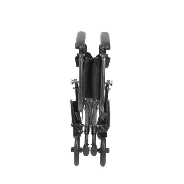Rear view of black transport wheelchair with two rear wheels and upright push handles