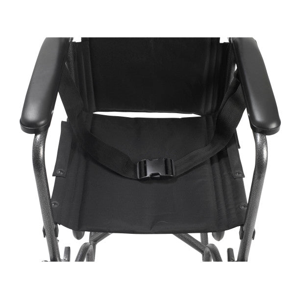 Close-up of black wheelchair seat with lap belt, back support, and padded full arms