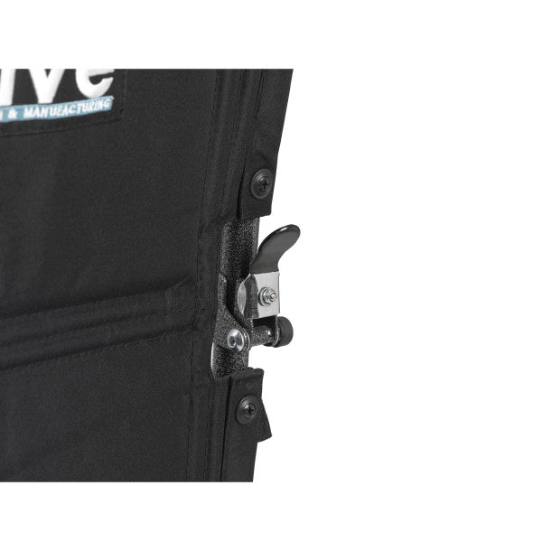 Close-up of black arm/attachment hardware on wheelchair backrest frame