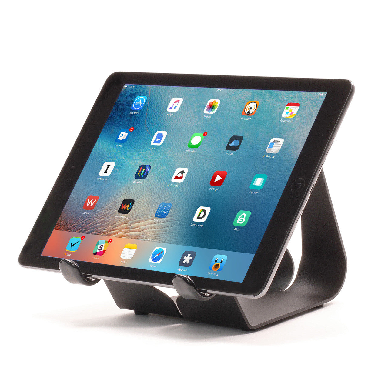 Compact fixed-angle iPad stand with dark frame and tablet held upright