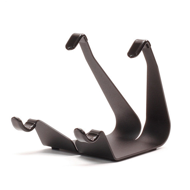 Dark gray compact fixed-angle iPad stand with three angled cradle arms
