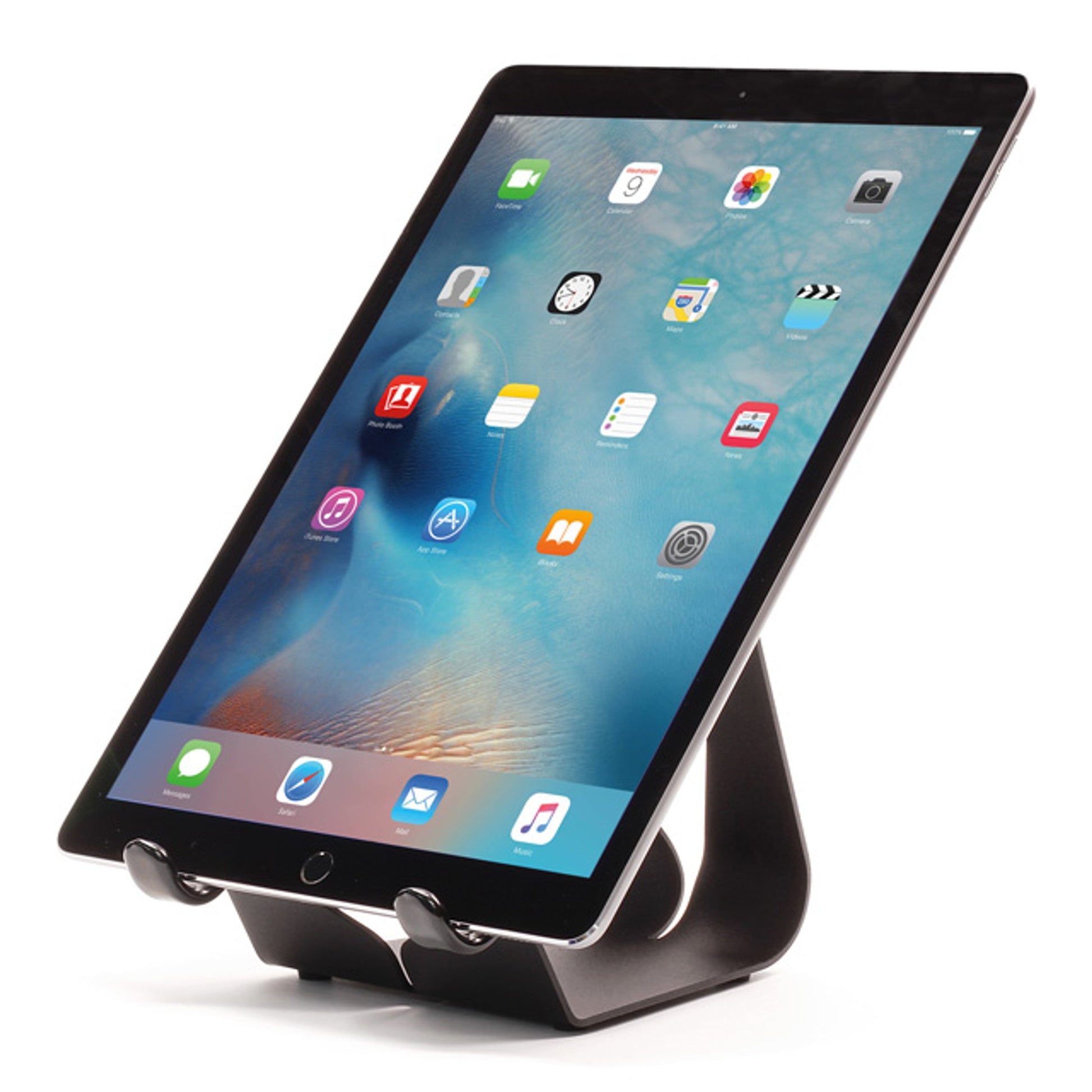 Compact fixed-angle iPad stand with dark frame holding a tablet upright