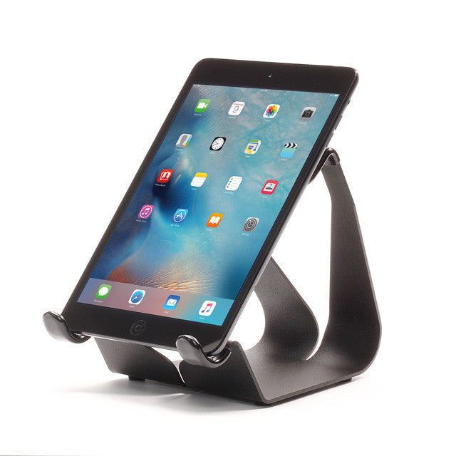 Fixed-angle iPad stand with dark frame holding a tablet in landscape view