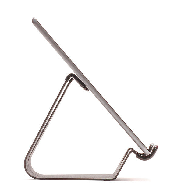 Silver compact fixed-angle iPad stand in side profile with angled support