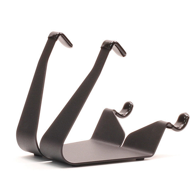 Compact fixed-angle iPad stand in dark finish with three support arms
