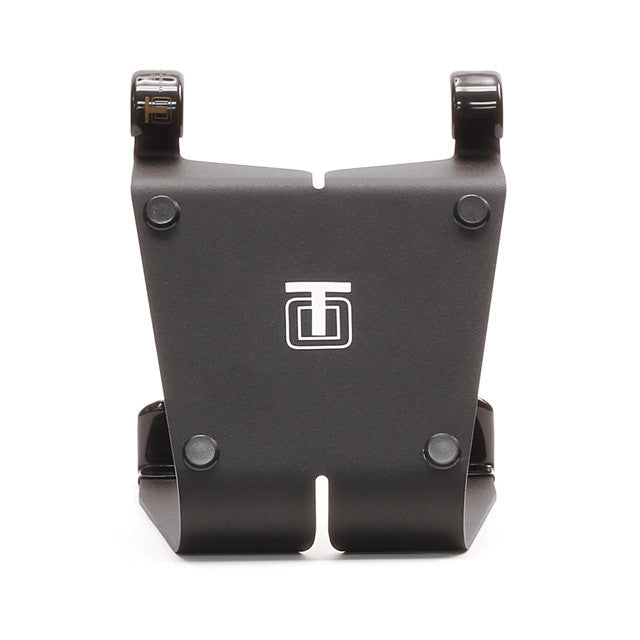 Black compact fixed-angle iPad stand front view with mounting brackets