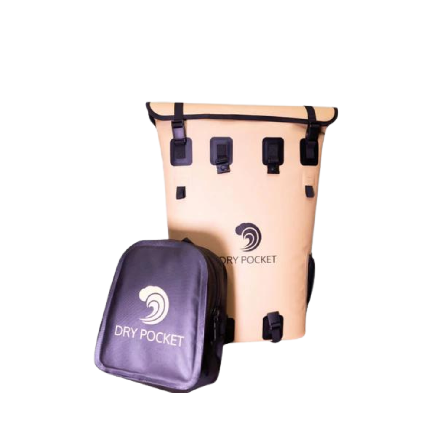 Waterproof floating backpack cooler with beige front and black straps, plus DRY POCKET pouch