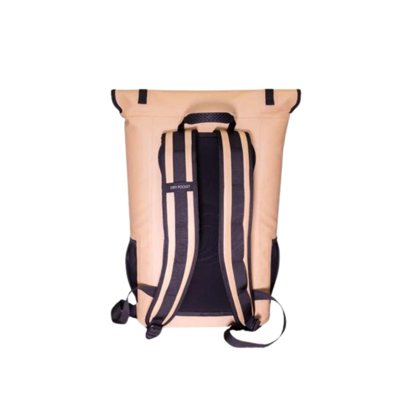 Waterproof floating backpack cooler back view with beige panels and padded black shoulder straps