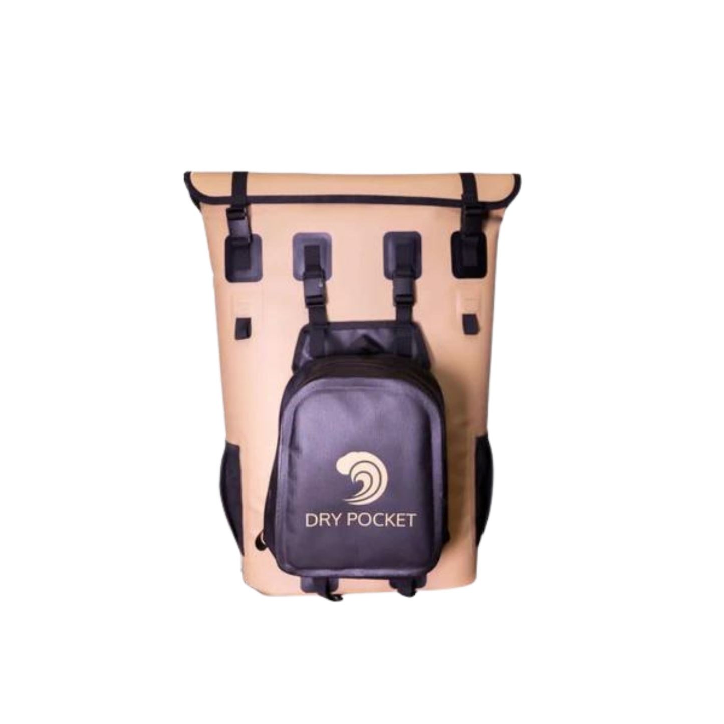 Waterproof floating backpack cooler with beige body, black straps, and DRY POCKET pouch