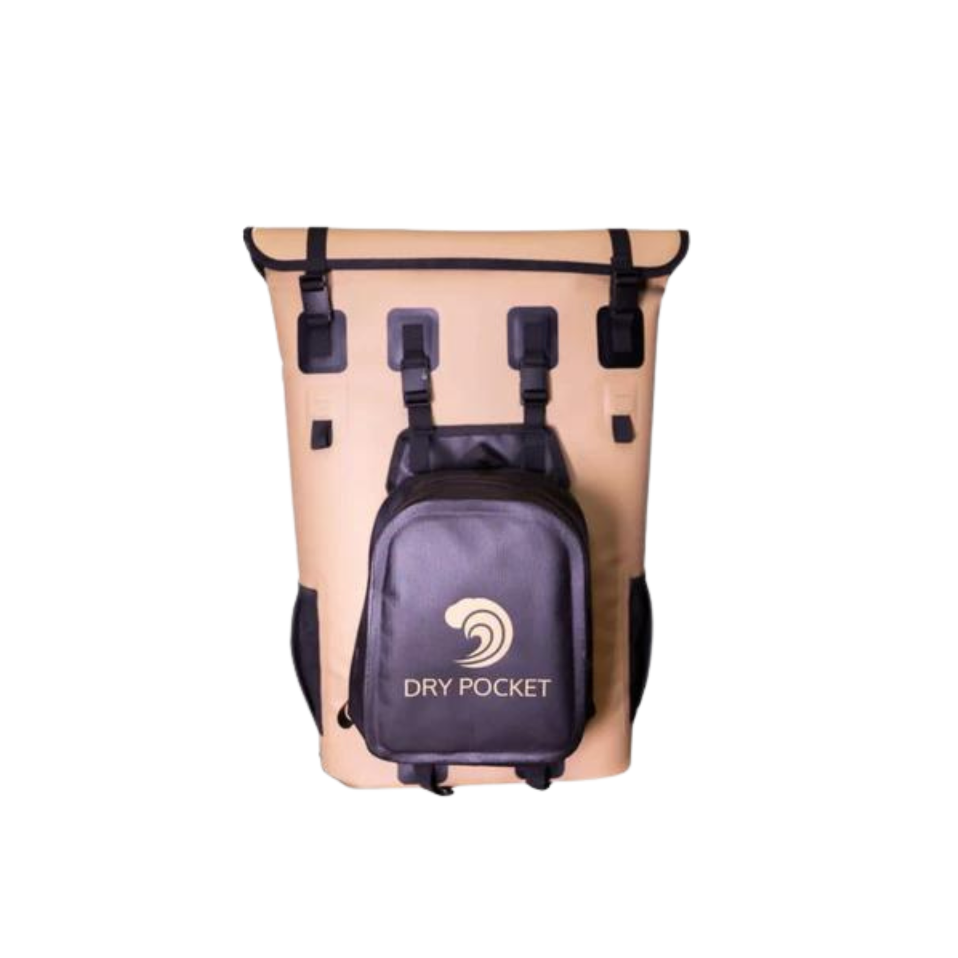 Waterproof floating backpack cooler with beige body, black straps, and DRY POCKET pouch