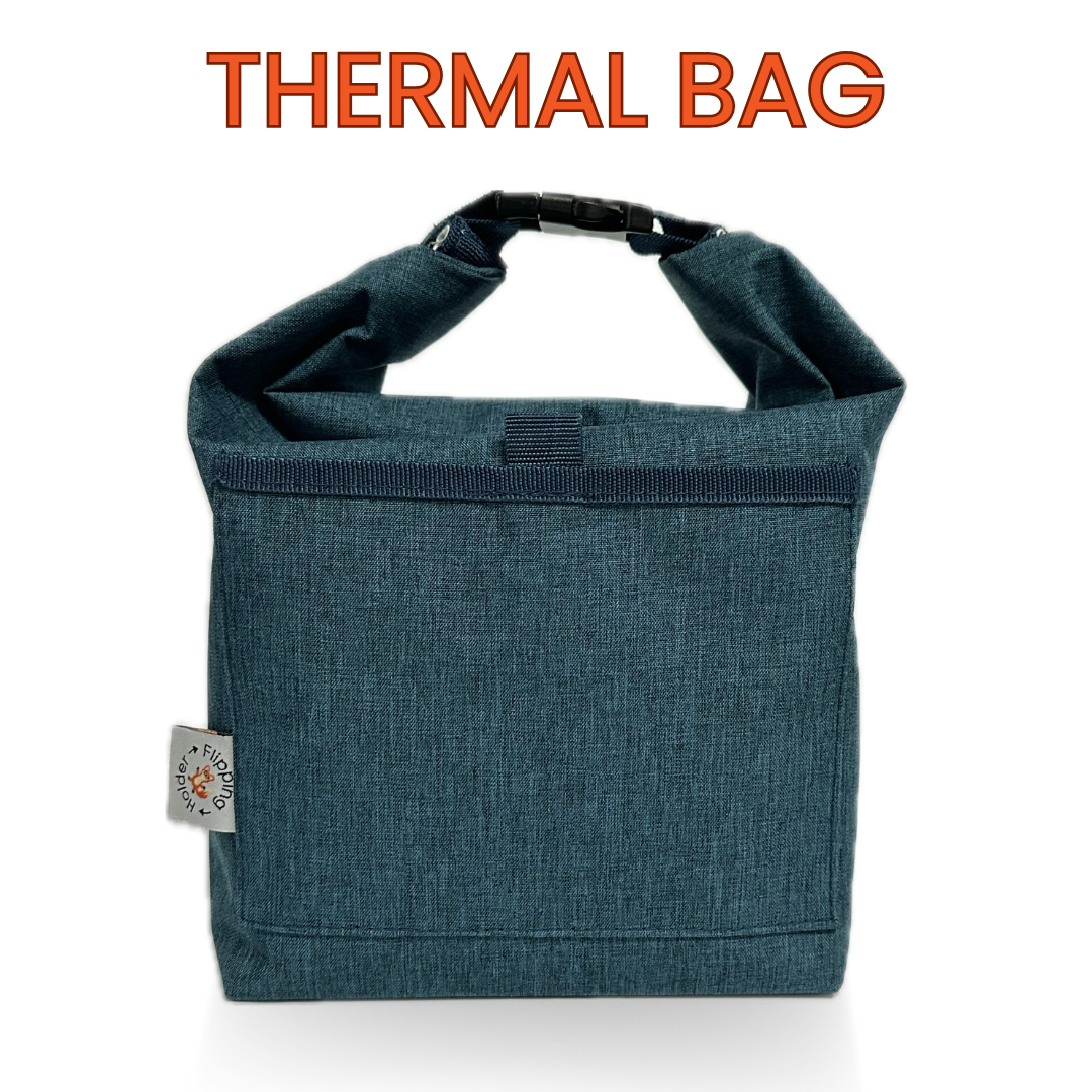 Teal insulated snack bag with roll-top closure and top carry handle, front view