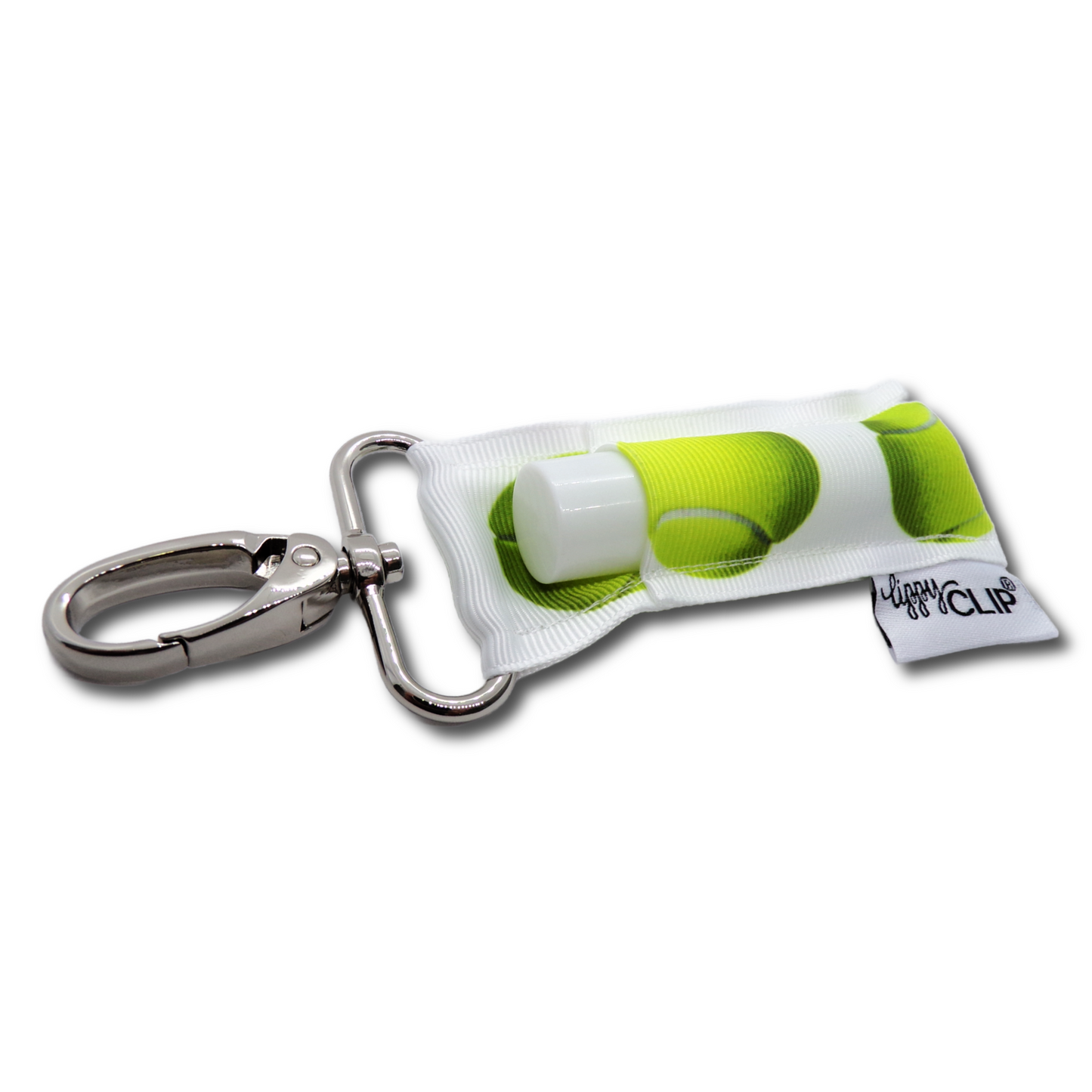 Keychain with lip balm and green design on a white background