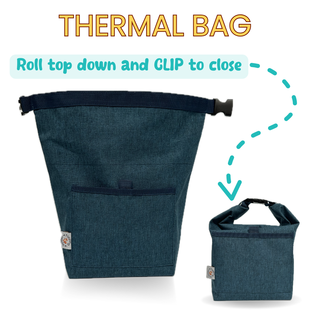 Teal thermal tote bag with roll-top closure and snap clip, front pocket panel