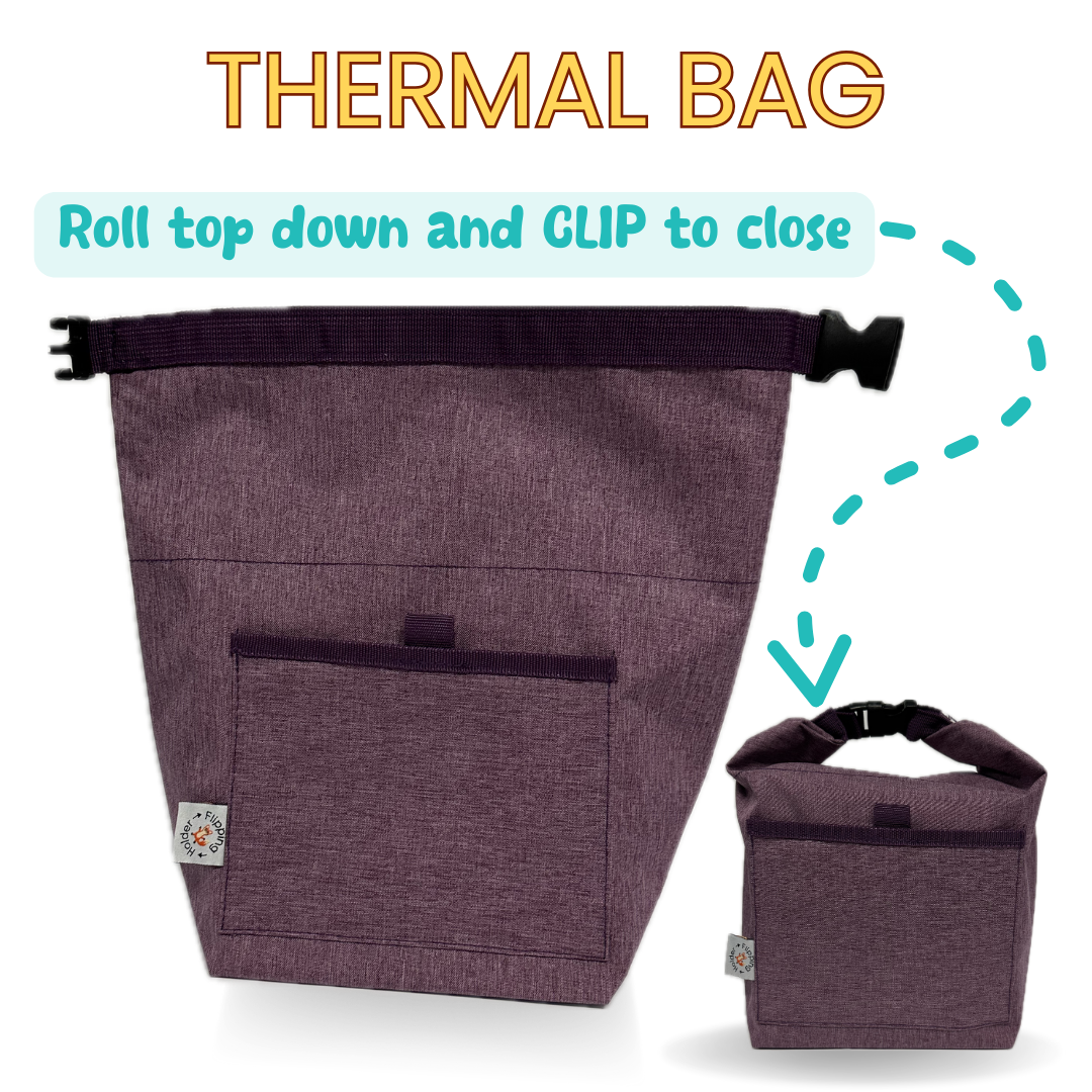Purple thermal bag with roll-top clip closure and front pocket