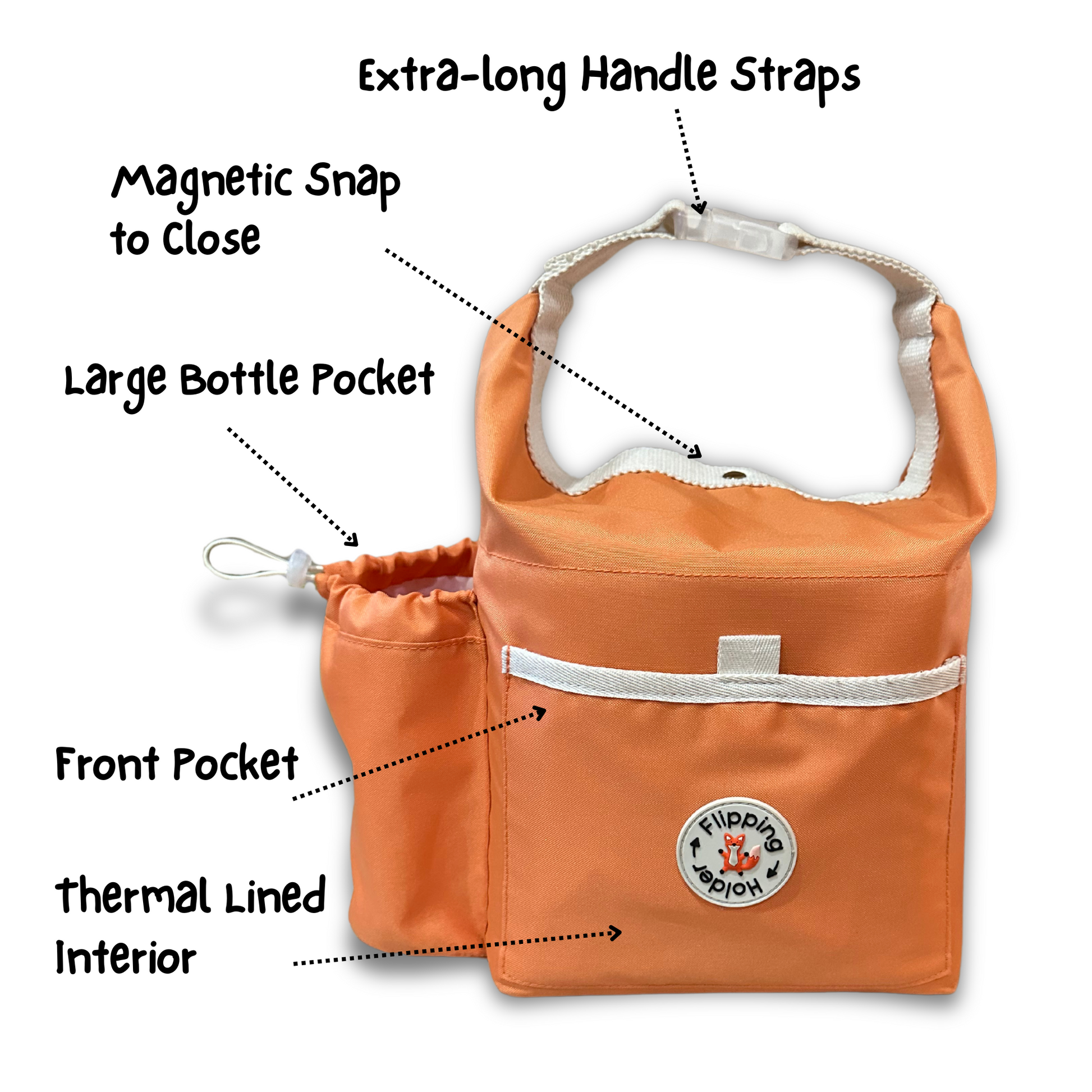 Orange thermal tote bag with front bottle pocket and extra-long handles
