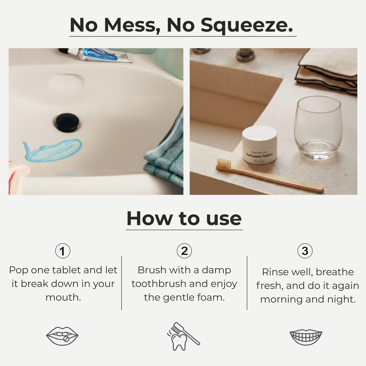 Fluoride toothpaste tablet instructions showing tablet breaking and brushing foam