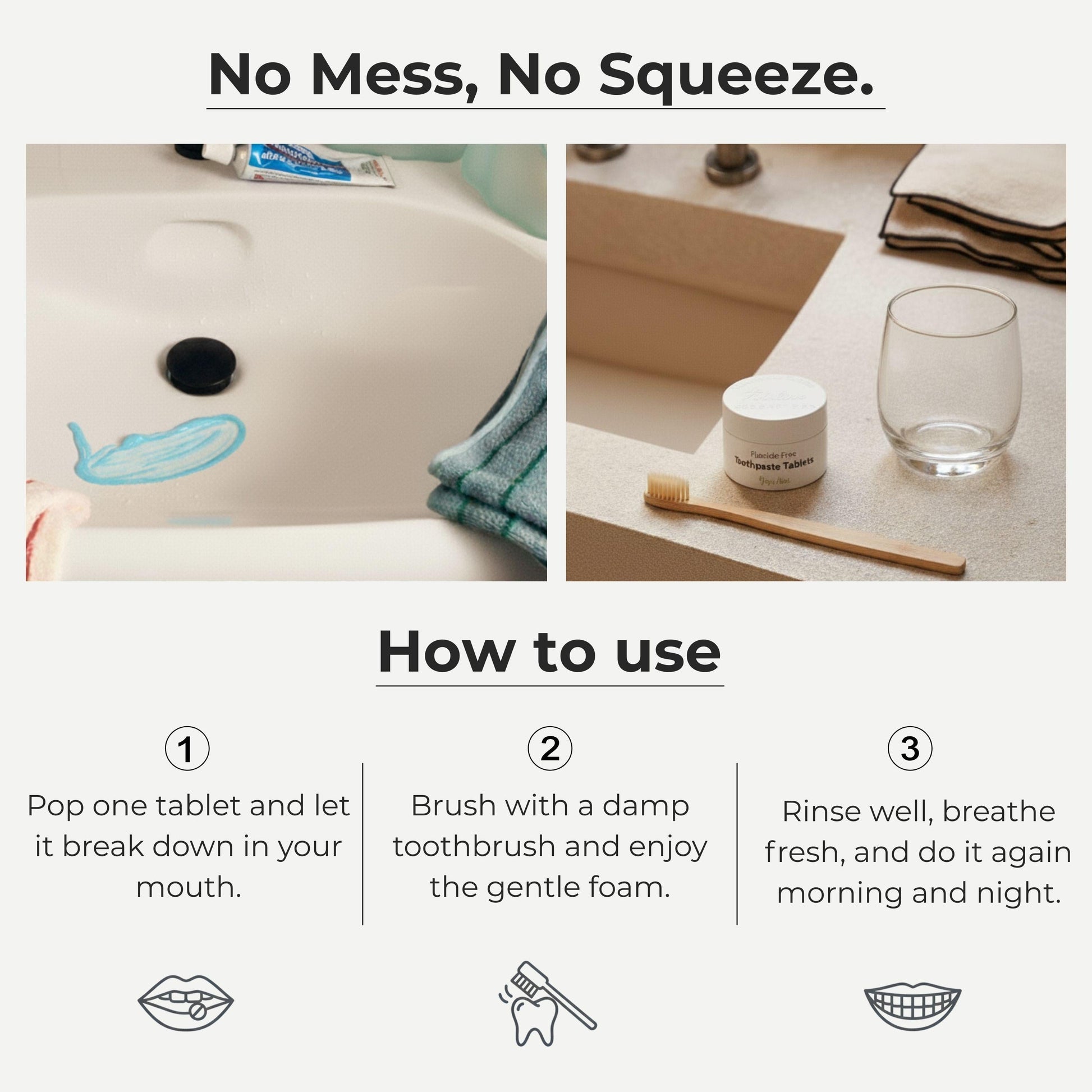 Fluoride toothpaste tablet instructions showing tablet breaking and brushing foam