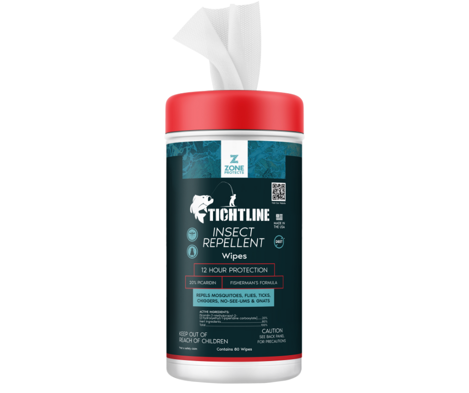 Insect repellent wipes container with red cap and teal label
