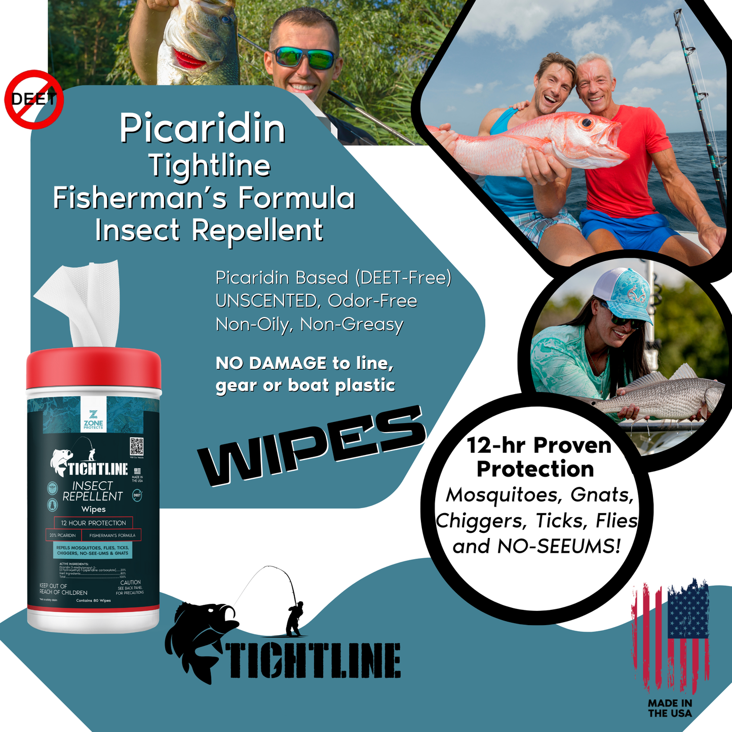 Insect repellent wipes container with red cap, teal label, and white wipes protruding