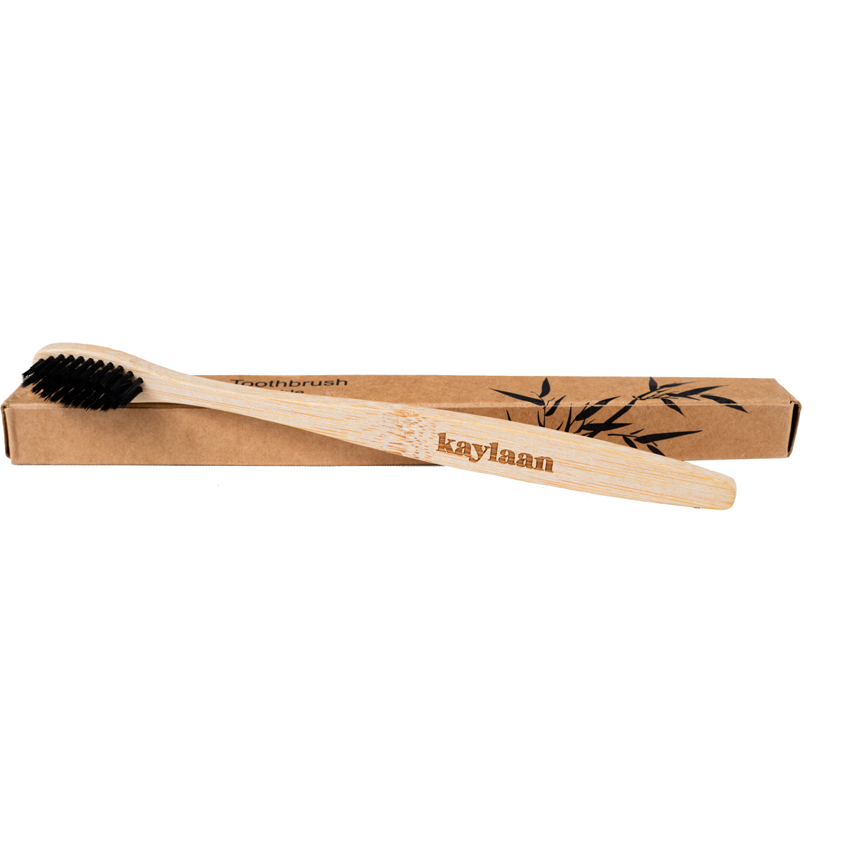 Kaylaan bamboo toothbrush with black bristles in kraft box, bamboo leaf print