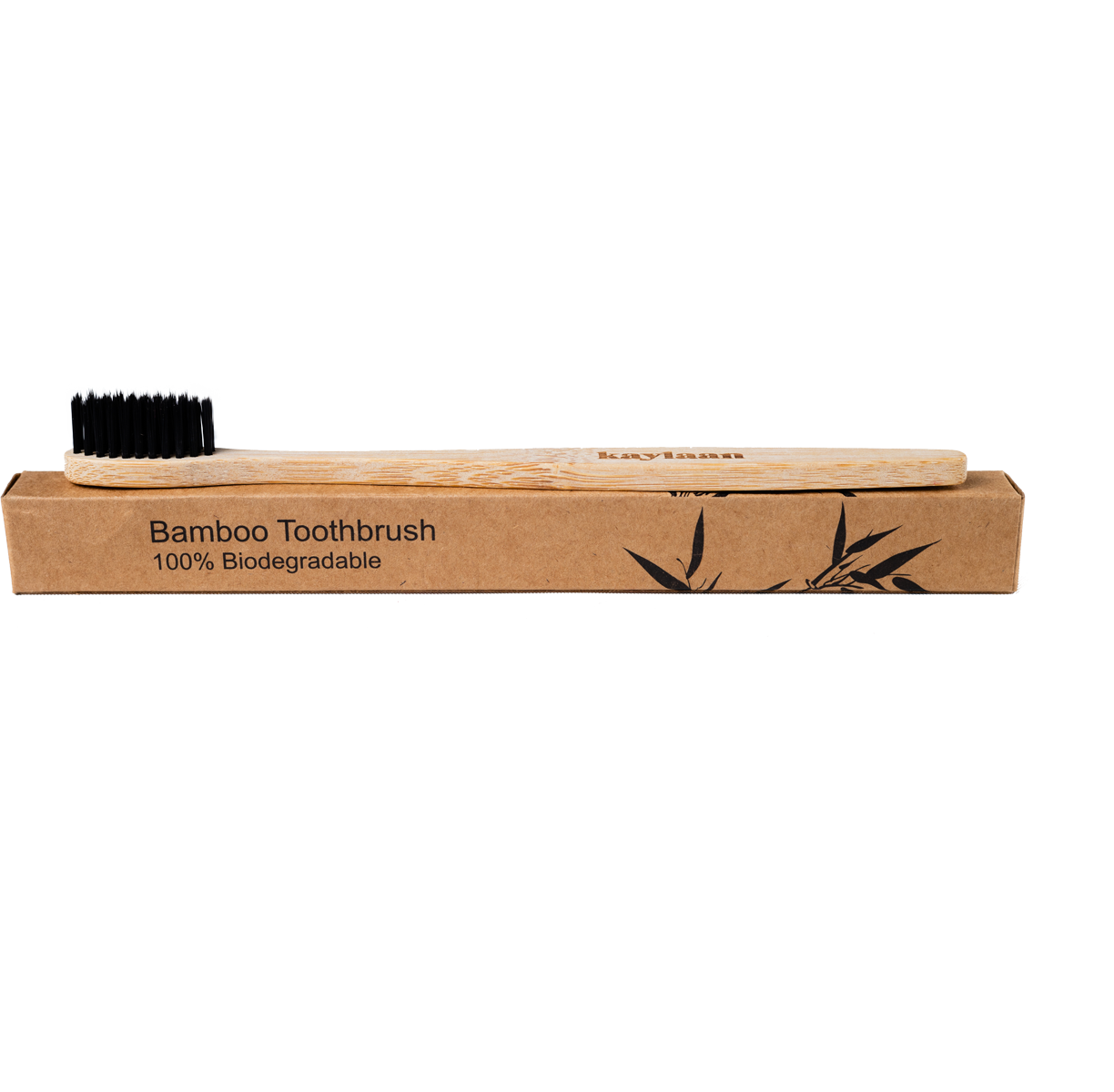 Kaylaan bamboo toothbrush with black bristles on kraft box, 100% biodegradable