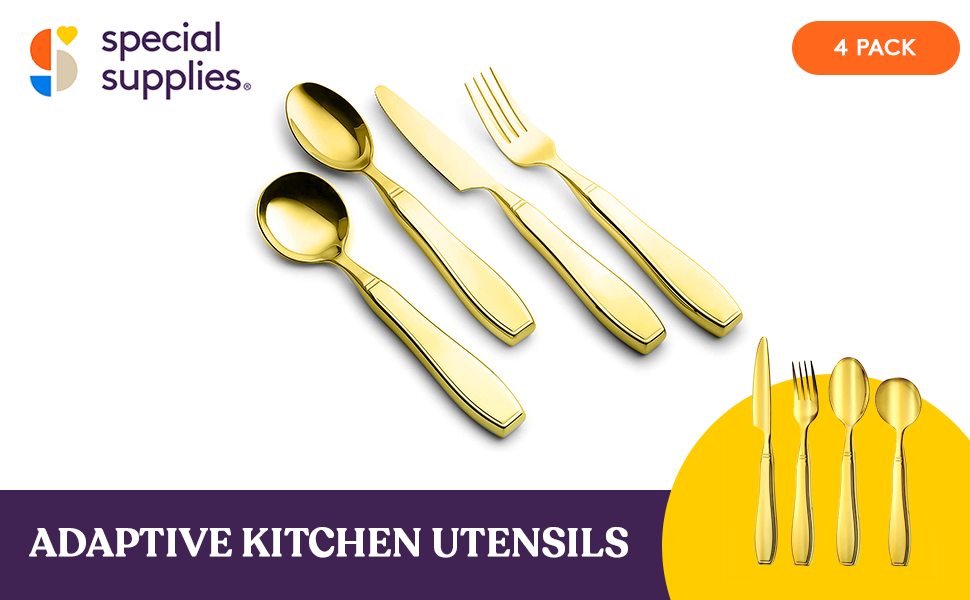 Gold adaptive kitchen utensils set, 4-piece flatlay of knife, fork, and spoons