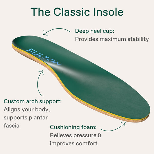 Green insole with deep heel cup and cushioning foam, shown at an angle.