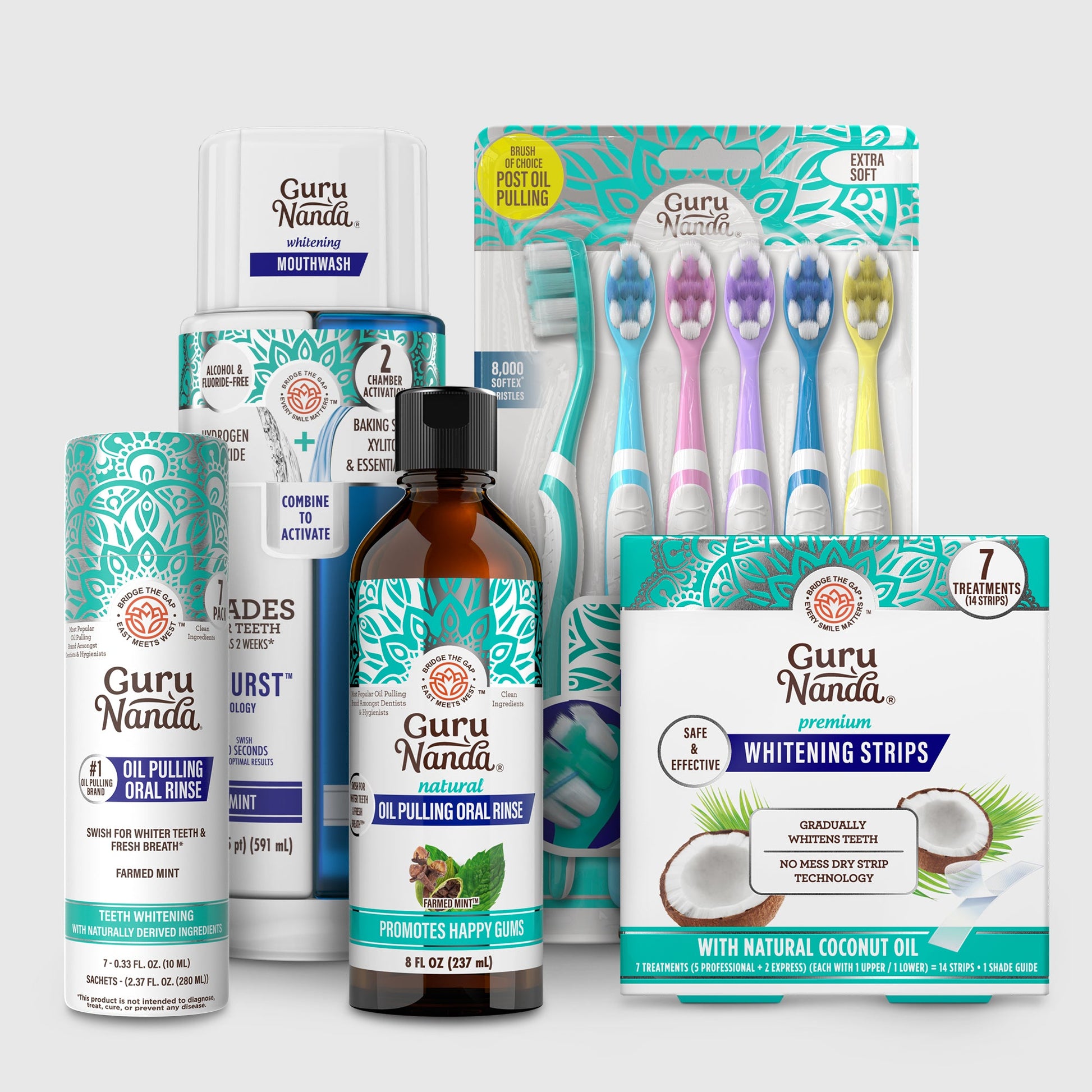 Total Smile Makeover Kit with whitening strips, toothbrushes, oil, and mouthwash bottles