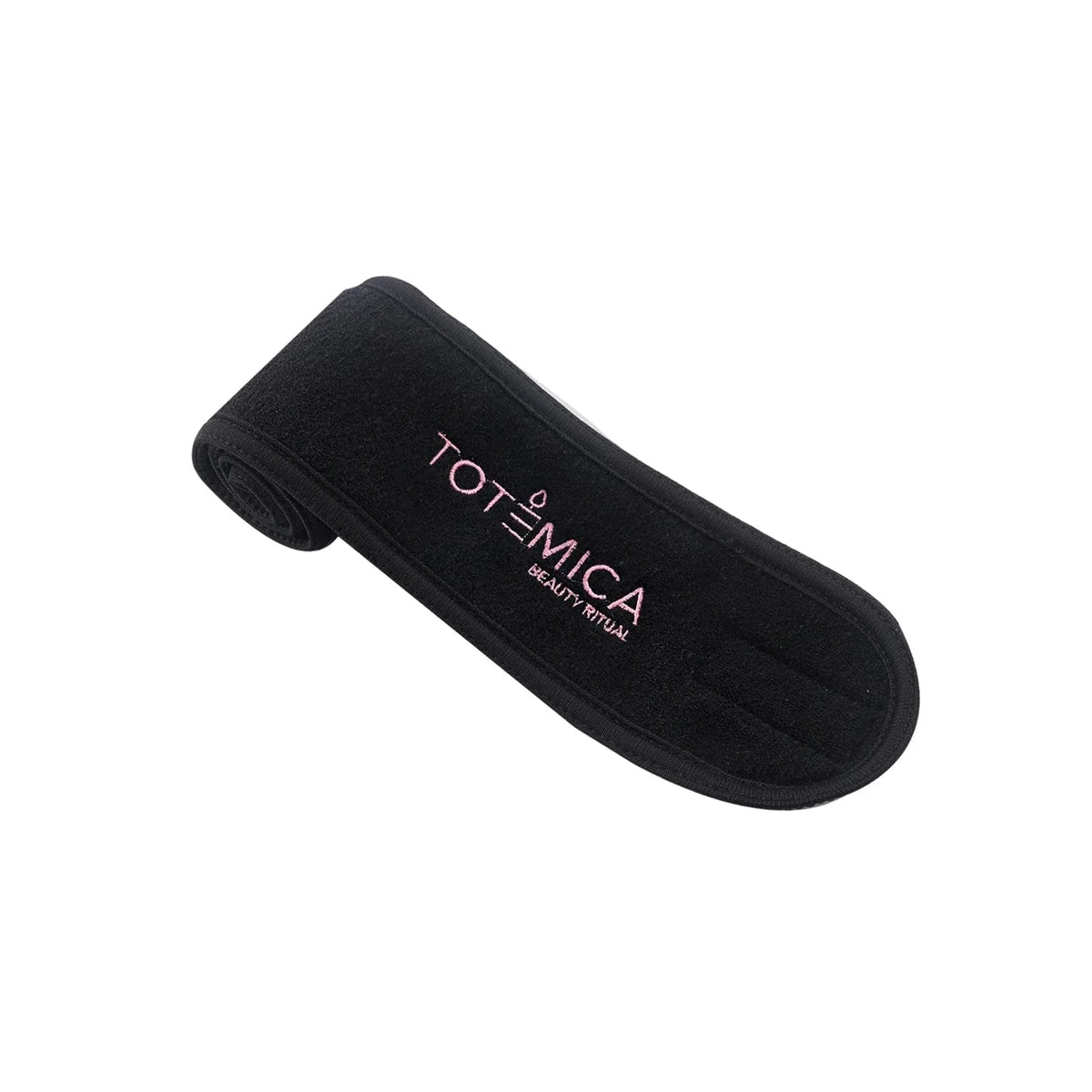 Black terry spa headband with Totemica logo and adjustable strap