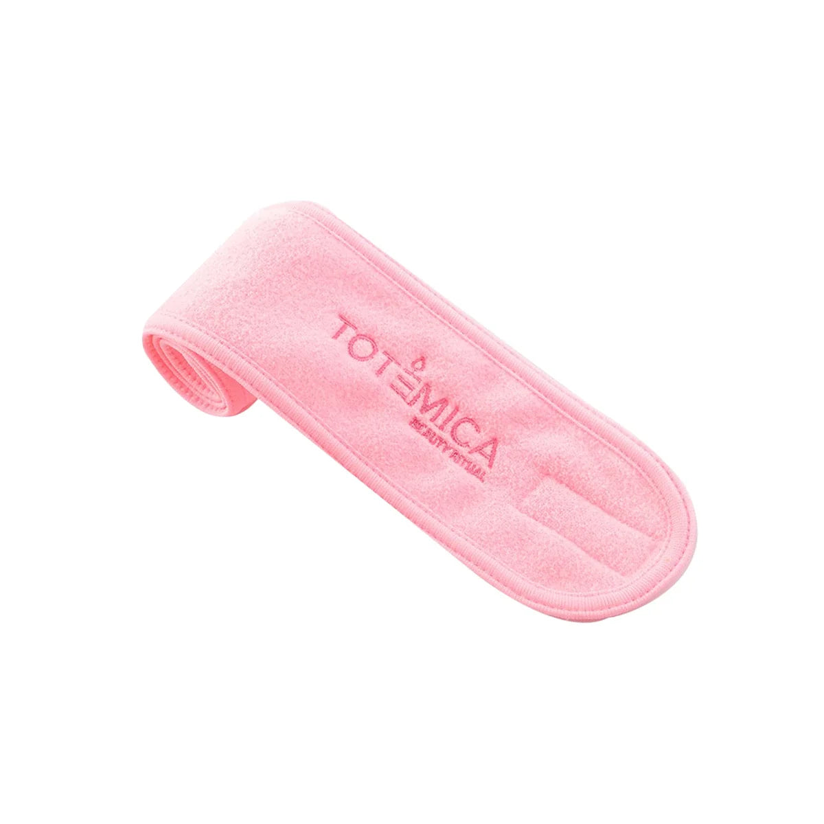 Pink terry spa headband with Totemica logo and adjustable strap