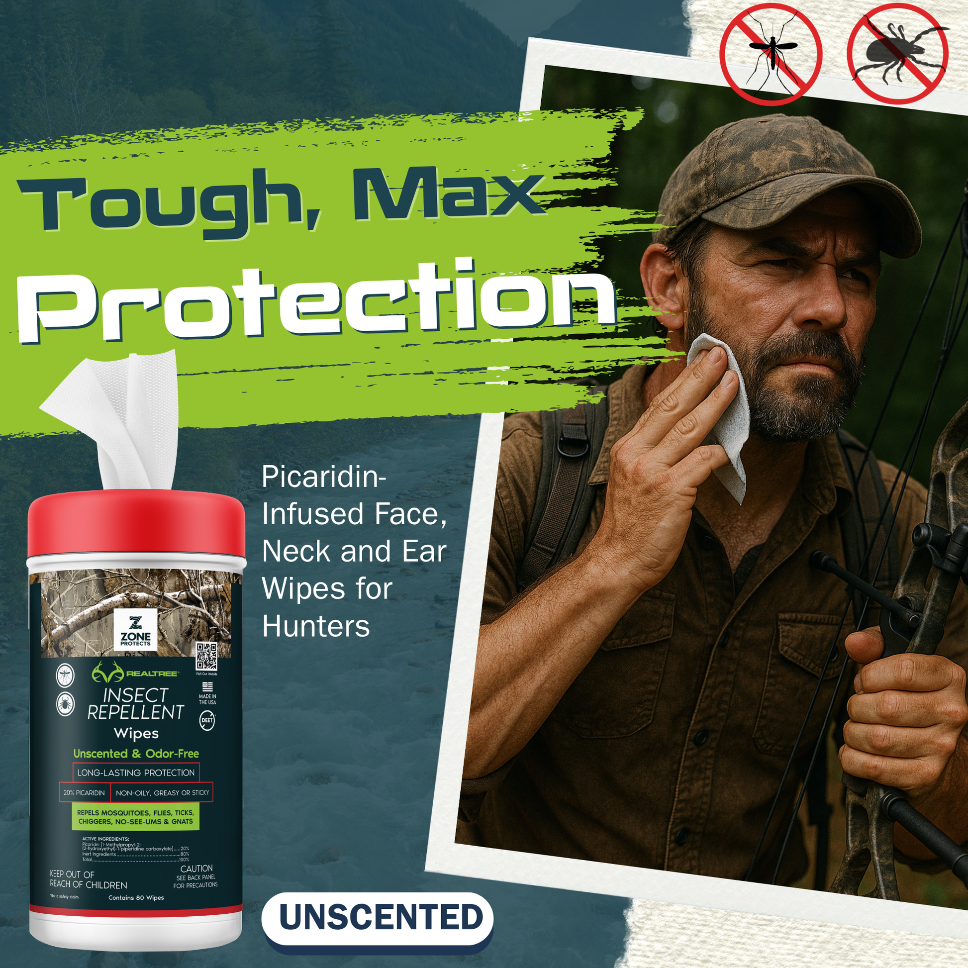 Unscented insect repellent wipes bottle with red cap next to face and neck wiping