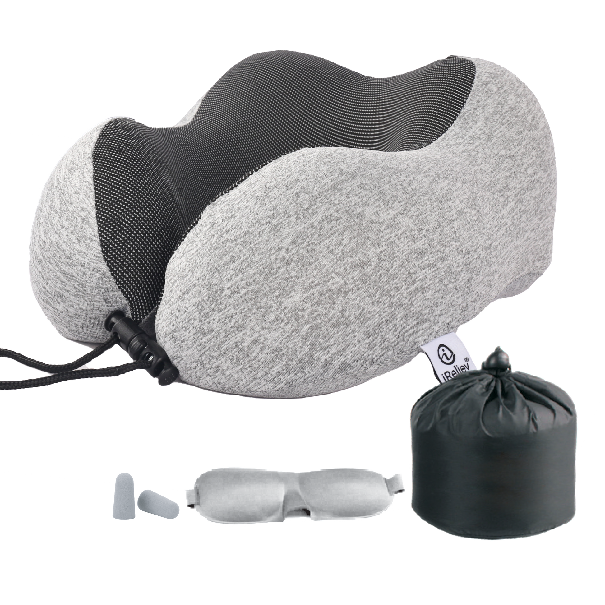 Gray U-shaped memory foam travel pillow with neck support, strap, and bundled carry pouch