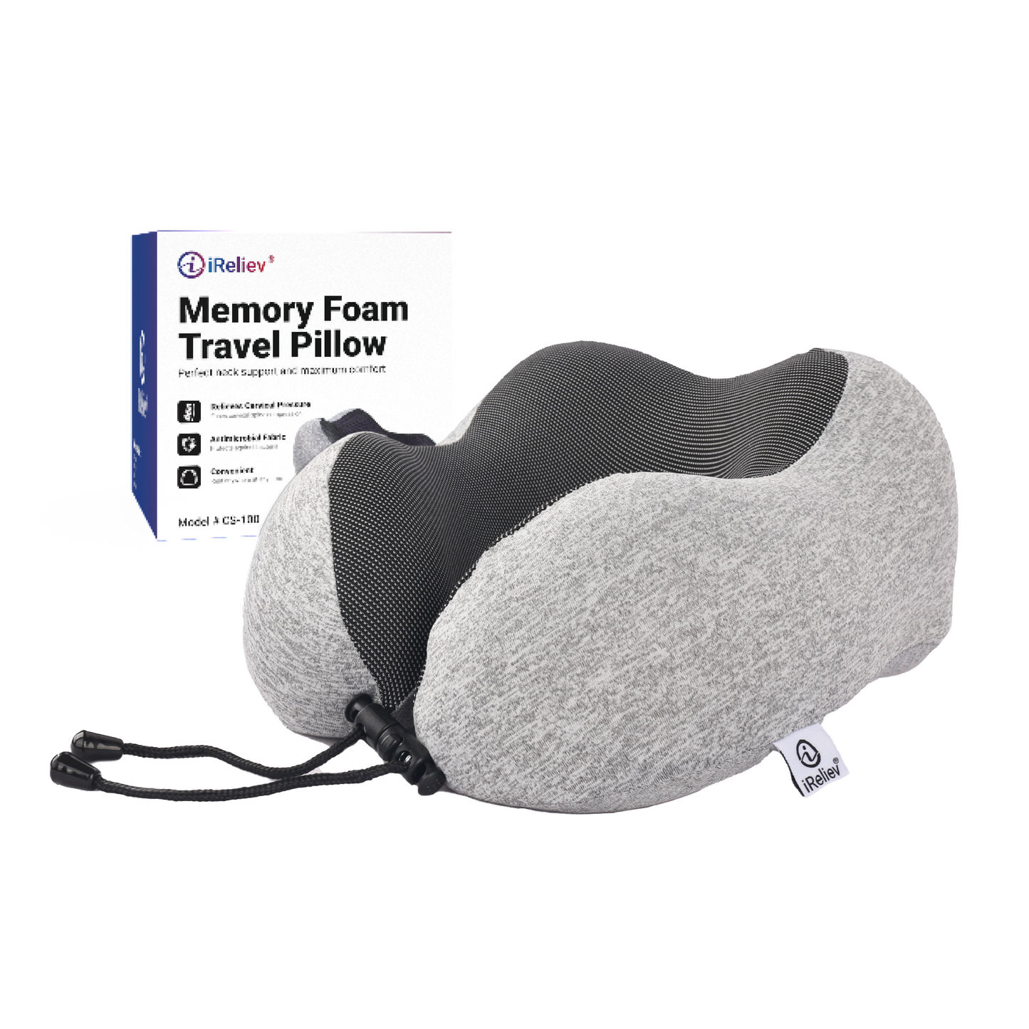 Gray U-shaped memory foam travel pillow with neck support and strap, shown with carry pouch