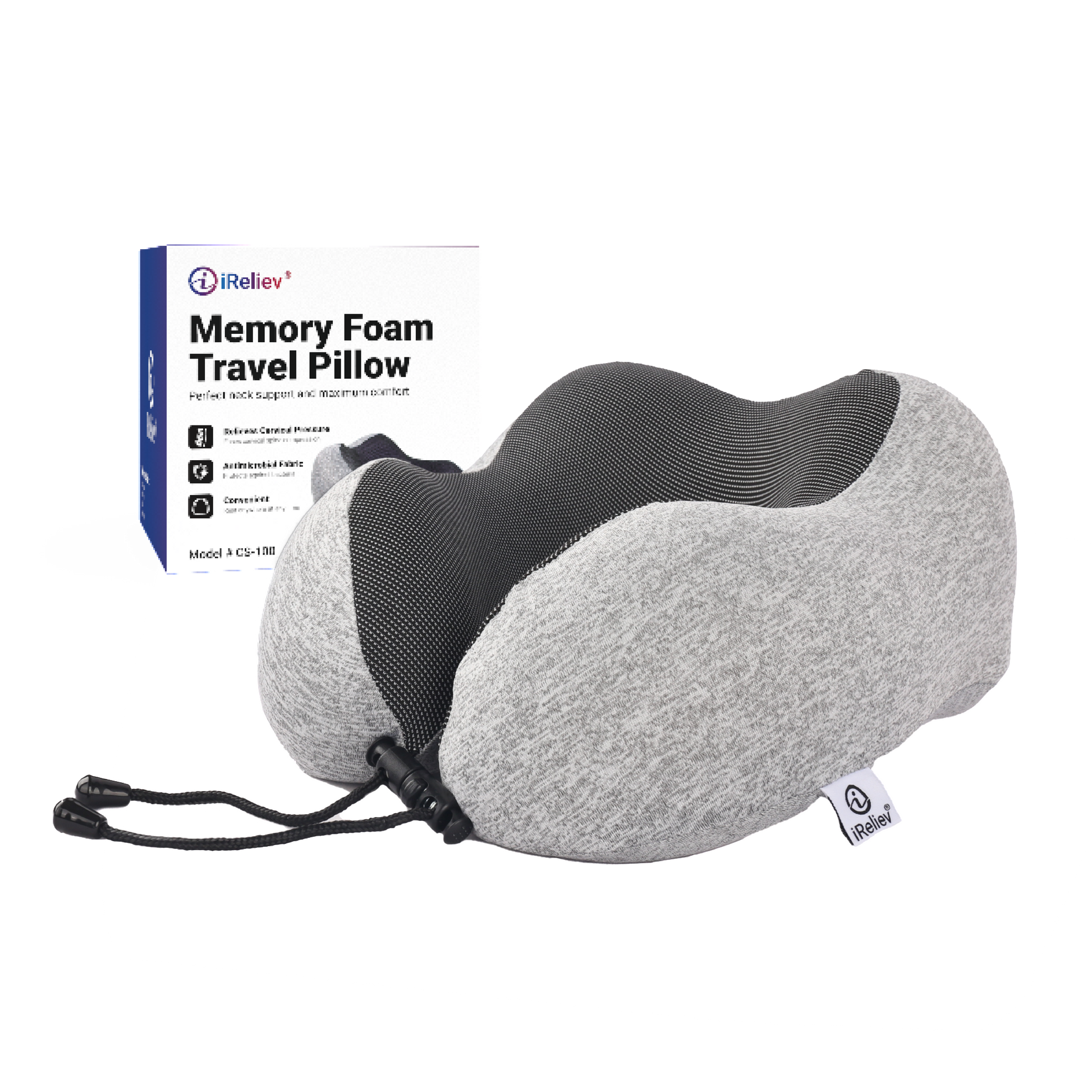 Gray U-shaped memory foam travel pillow with neck support and strap, shown with carry pouch