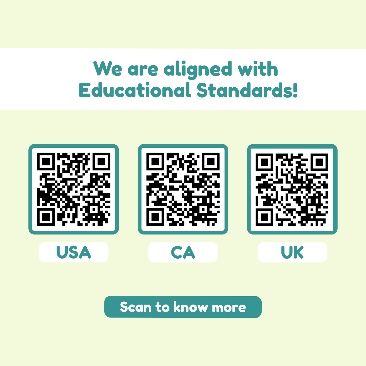 Educational standards card with USA, CA, and UK QR codes for word game